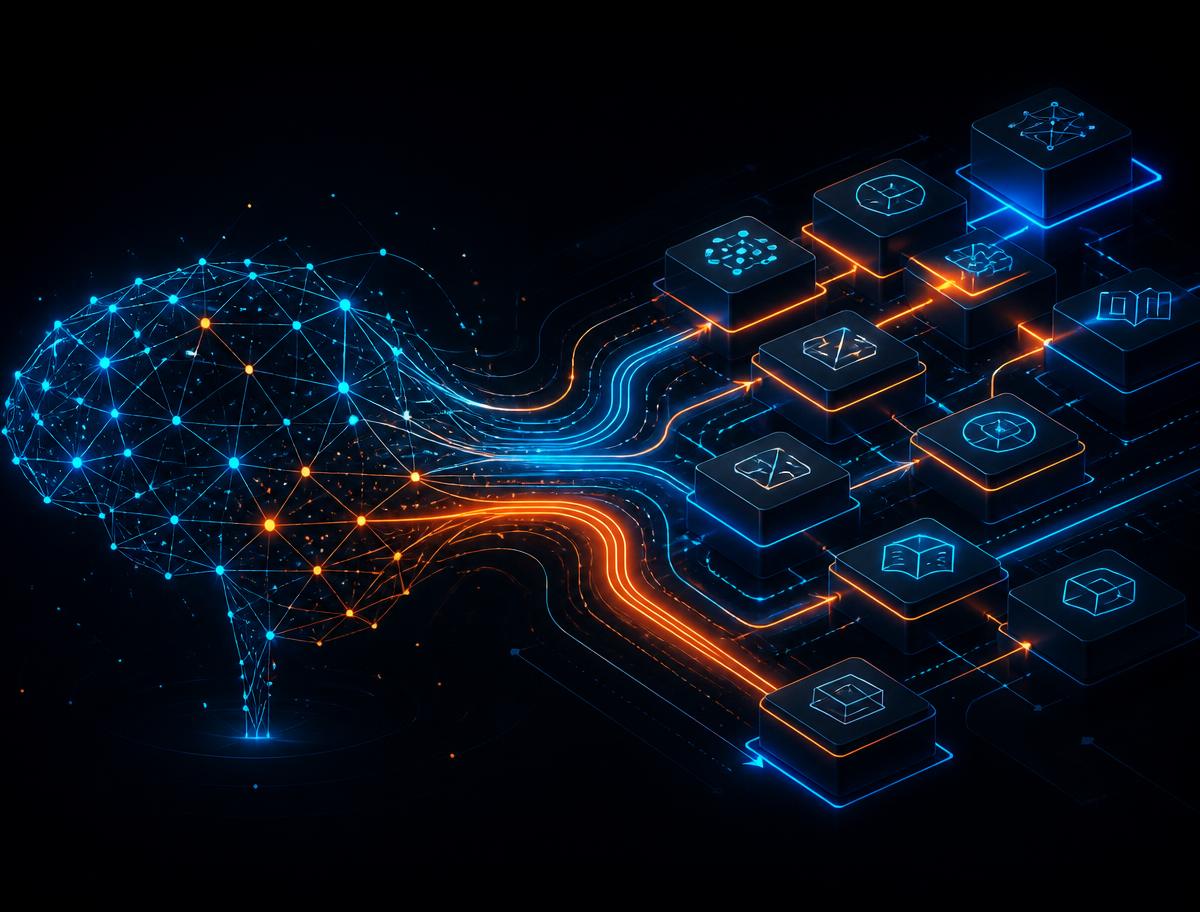 Illustration of an AI learning system connecting neural network nodes to modular course blocks
