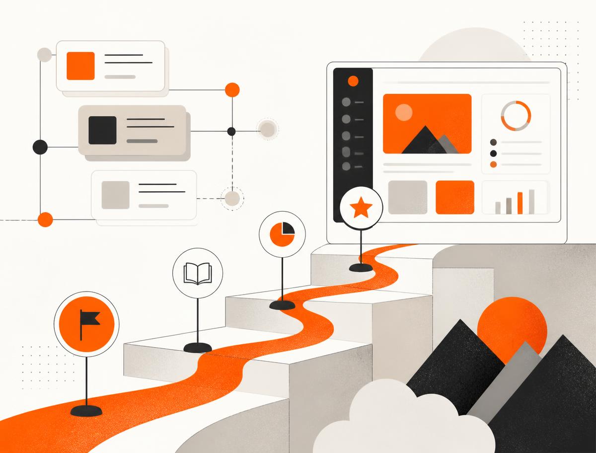 Illustration of a learning journey with connected modules, milestones and a product dashboard