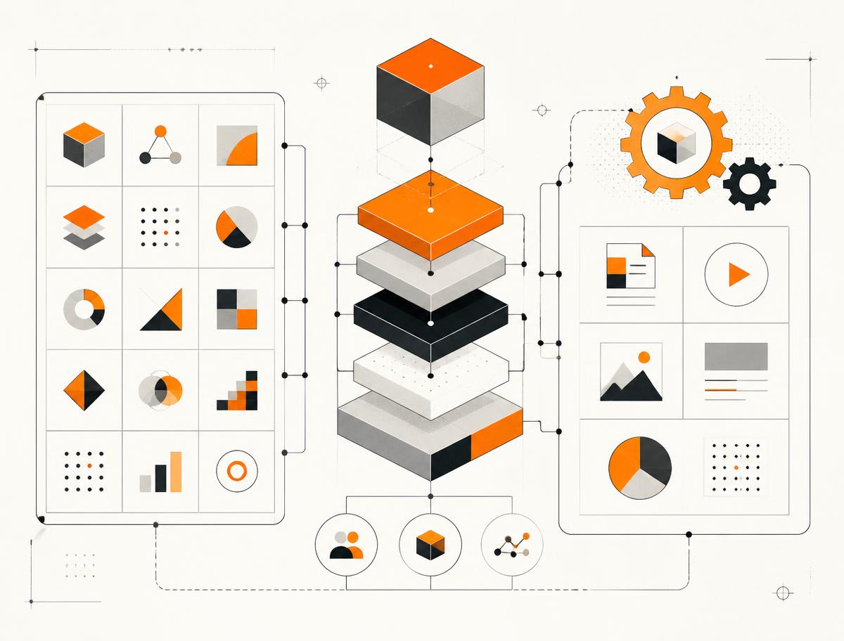 Illustration of modular learning content blocks, curriculum blueprints and production workflows
