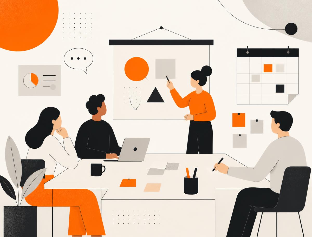 Illustration of a small-group workshop with a facilitator presenting beside a calendar
